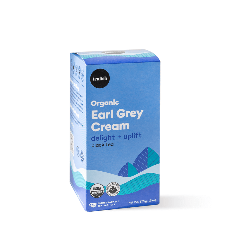 Organic Earl Grey Cream tea with black tea, bergamot, and creamy vanilla—uplifting and satisfying, perfect on its own or as a London Fog latte with steamed milk and honey.
