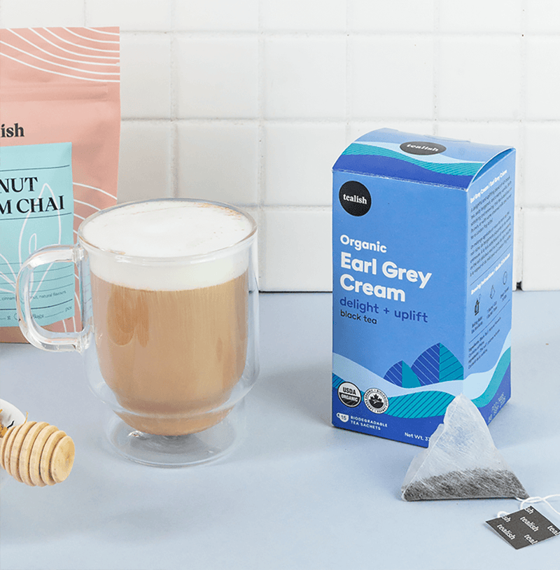 Organic Earl Grey Cream tea with black tea, bergamot, and creamy vanilla—uplifting and satisfying, perfect on its own or as a London Fog latte with steamed milk and honey.