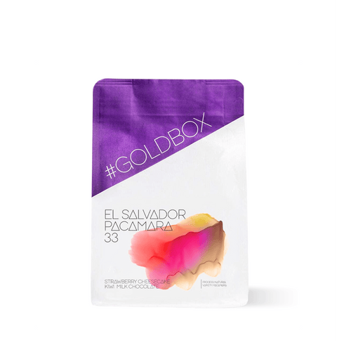 Packaging of El Salvador Pacamara 33 Specialty Coffee with vibrant design.