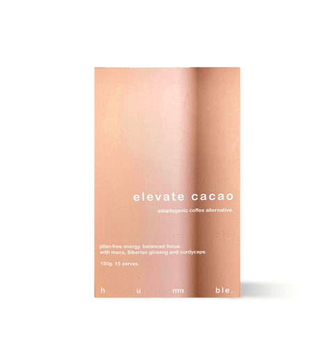 Hummble Elevate Cacao packaging, smooth coffee substitute infused with maca, ginseng, and cordyceps for a mindful energy boost.
