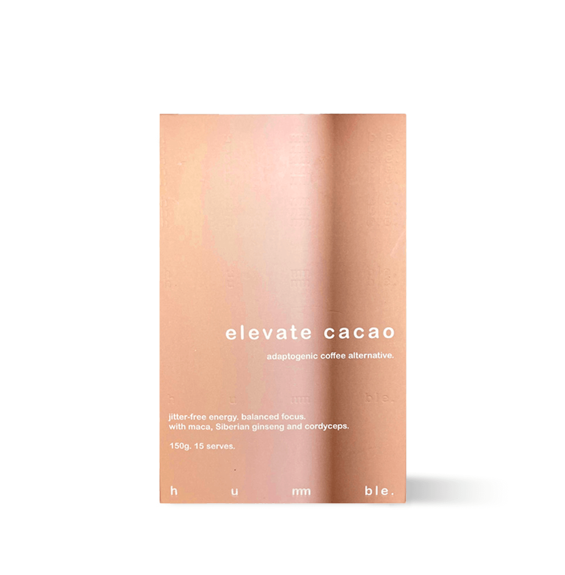 Hummble Elevate Cacao packaging, smooth coffee substitute infused with maca, ginseng, and cordyceps for a mindful energy boost.