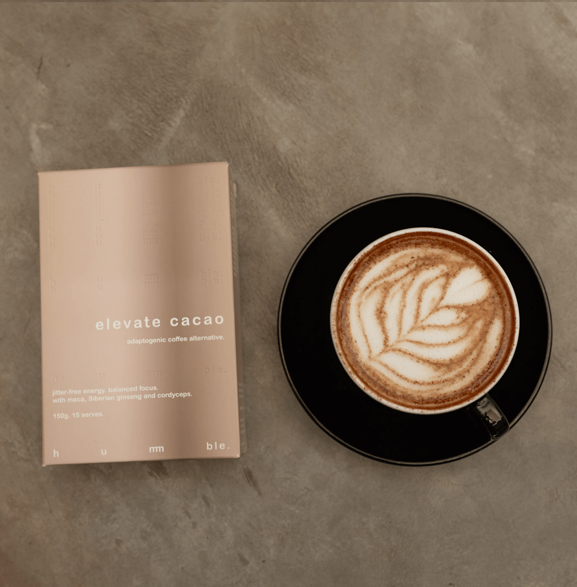Hummble Elevate Cacao packaging, smooth coffee substitute infused with maca, ginseng, and cordyceps for a mindful energy boost.