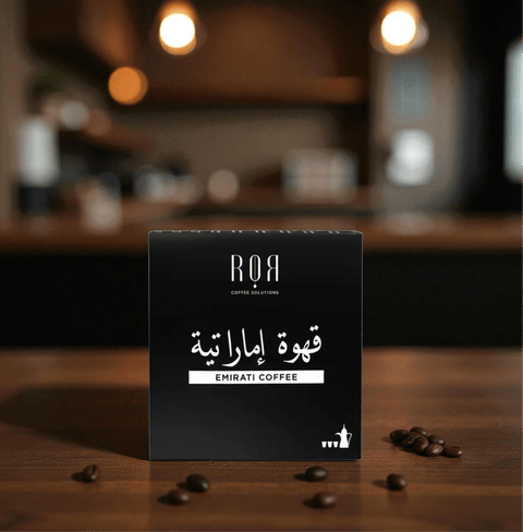 Package of Emirati drip coffee with Arabica beans and cardamom, showcasing traditional Emirati coffee culture in a modern setting.