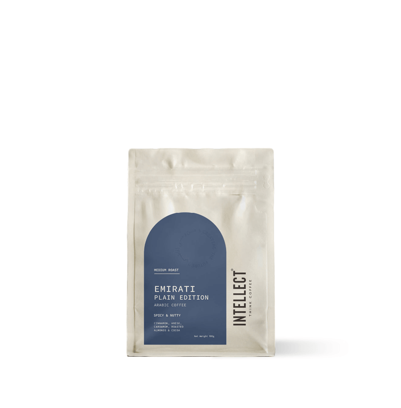 Emirati Inspired Ground Coffee by Intellect, showcasing a medium roast coffee bag with elegant design.