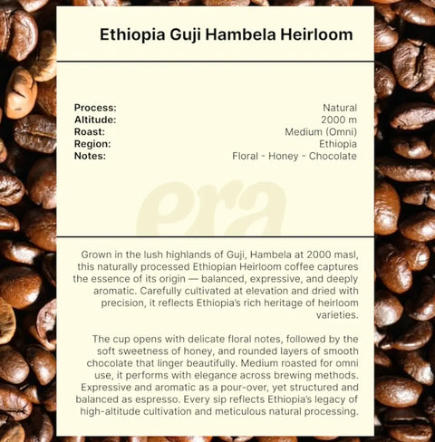 Close-up of Ethiopia Guji Hambela Heirloom coffee beans with processing details and tasting notes.