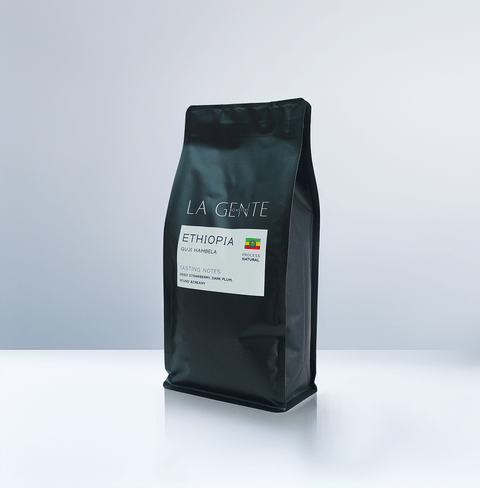 Ethiopia Guji Hambela coffee bag, showcasing its rich flavors and natural processing.