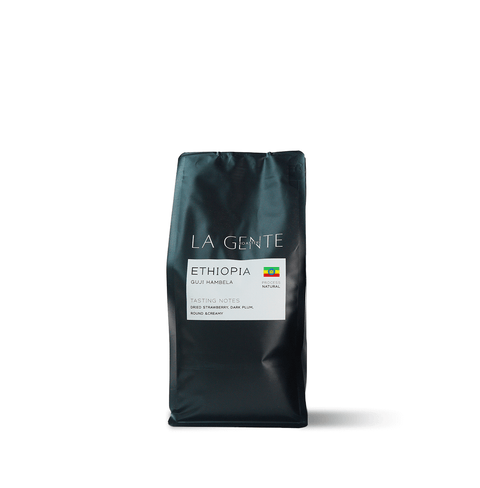 Packaging of Ethiopia Guji Hambela coffee with tasting notes and natural processing details.