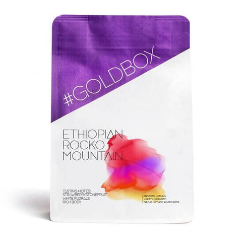 Ethiopian Rocko Mountain coffee bag featuring vibrant design and tasting notes.