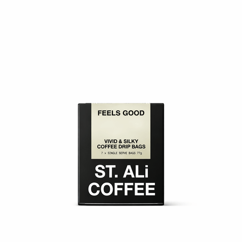 Feels Good | Drip Coffee Bags packaging showcasing Vivid & Silky coffee drip bags from ST. ALi COFFEE.