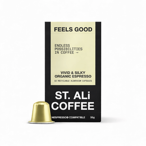 Feels Good | Organic Espresso Capsules - Vivid and silky organic espresso in recyclable aluminum capsules.