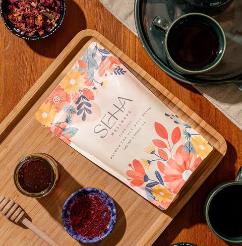 SEHA Wellness Flow-Tea with rose, saffron, and cardamom for hormonal balance and feminine health.
