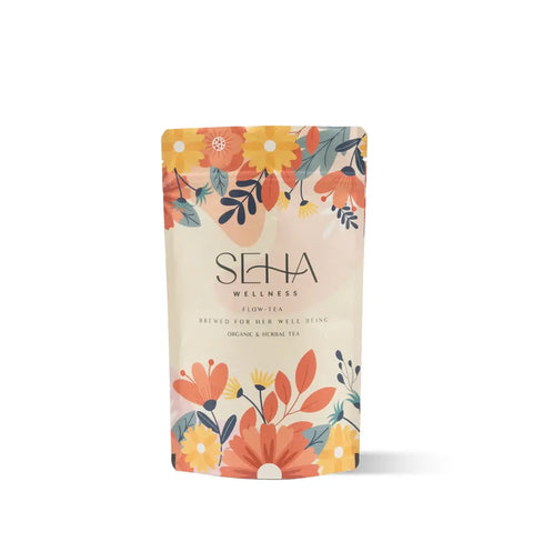 SEHA Wellness Flow-Tea with rose, saffron, and cardamom for hormonal balance and feminine health.