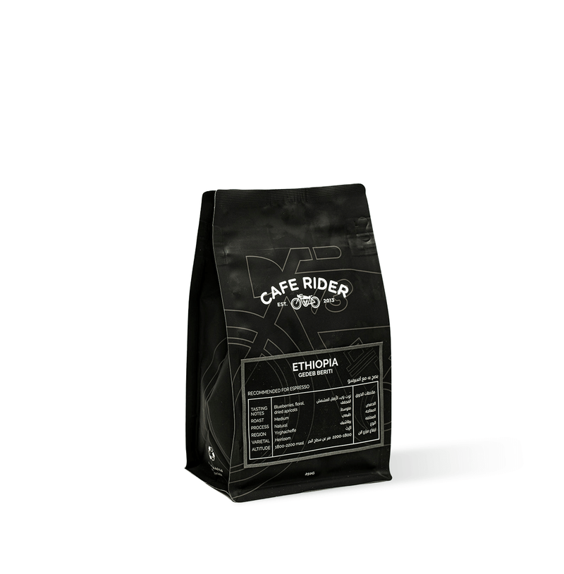 Cafe Rider Roastery's Ethiopia Gedeb Beriti medium roast espresso, sourced from Yirgacheffe with notes of blueberries, floral undertones, and dried apricot.