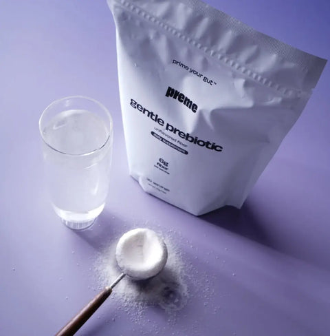 PREME Gentle Prebiotic Fiber powder supplement for gut health and skin clarity, tasteless and easy to mix.