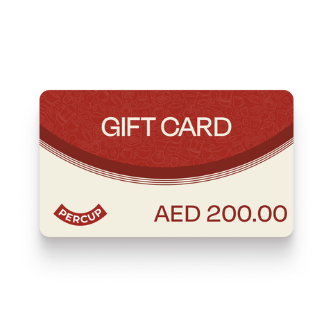 Gift Card showcasing AED 200.00 value for premium beverages from Percup.