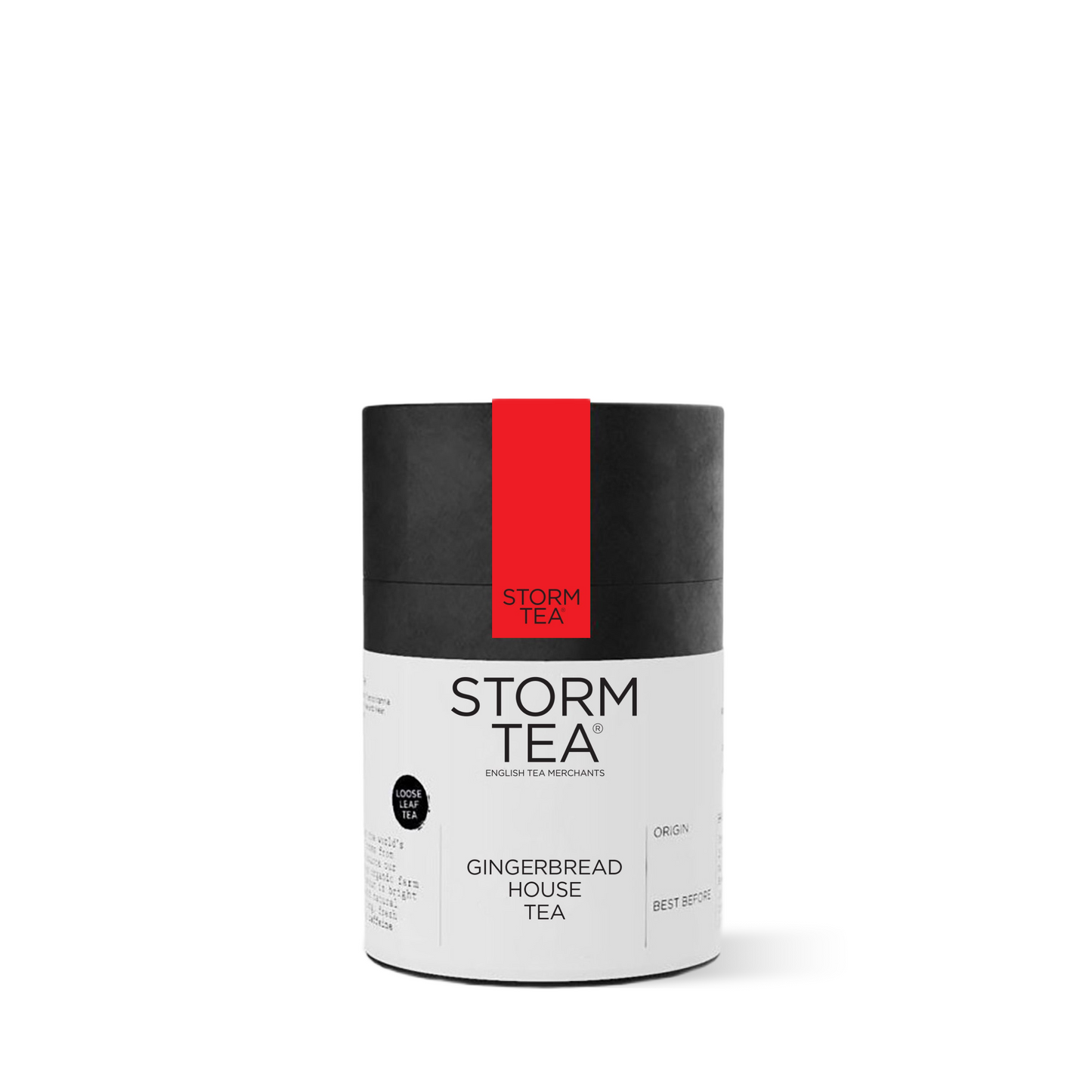 Gingerbread house tea canister with warming spices and aromatic flavors, featuring a sweet and nutty taste, naturally caffeine free.