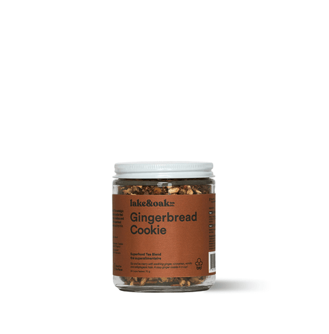 Ginger Bread Cookies in jar, a superfood tea blend featuring ginger, cinnamon, and rooibos.