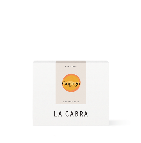 Ethiopian specialty coffee by La Cabra, Gogogu from Guji’s Wate Gogogu station with jasmine and peach notes, in single-serve nitrogen-sealed Steeped bags.