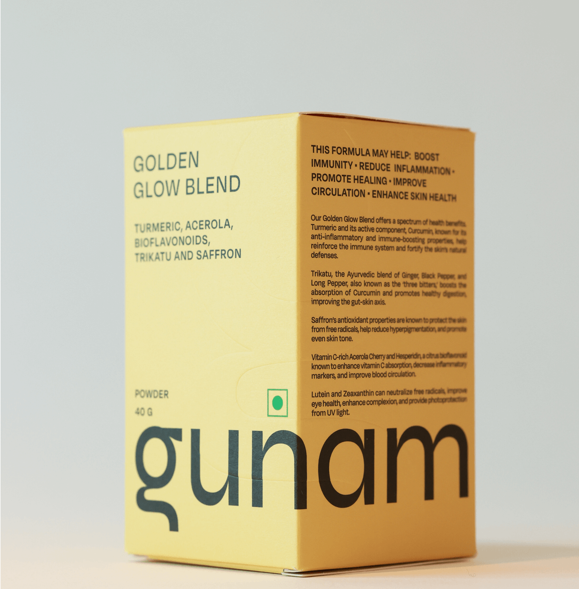 GUNAM Golden Glow Blend with turmeric, saffron, and antioxidants, supports immunity, skin health, healing, and natural anti-inflammation.