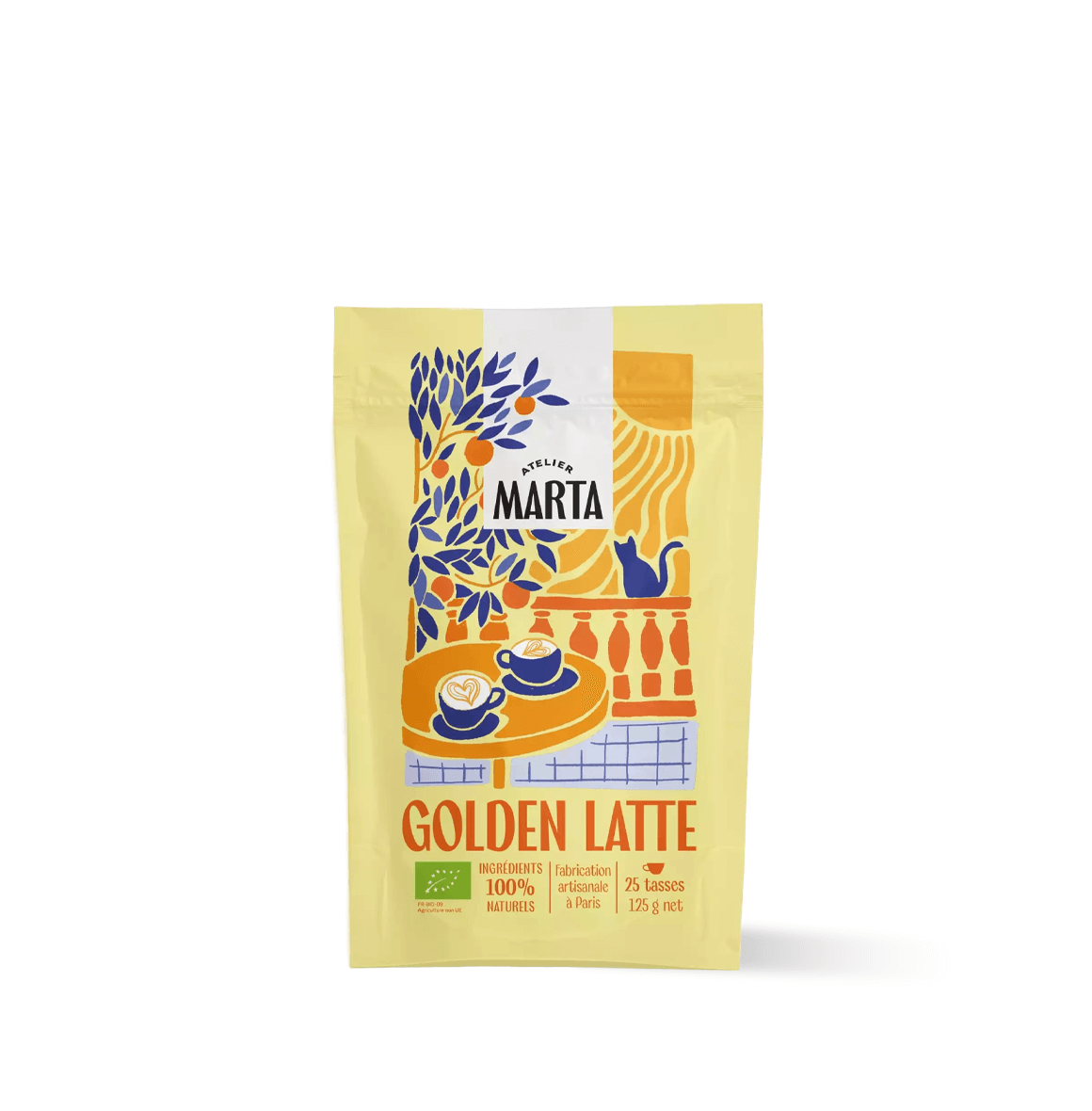 Organic Golden Latte by Atelier Marta, a vibrant blend in a yellow package, perfect for nourishing beverages.