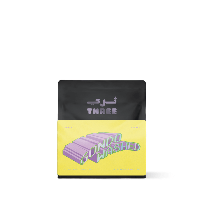 Kenya Gondo AA by Three Coffee in premium specialty coffee bag, double-washed and grown at 1900 masl for citrus, peach, and plum notes, offering clarity, juicy texture, and a syrupy, sugarcane finish.
