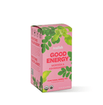 Organic Good Energy herbal tea with moringa, ashwagandha, apple, and elderflower—caffeine-free, energizing, and packed with adaptogens for sustained vitality and well-being.