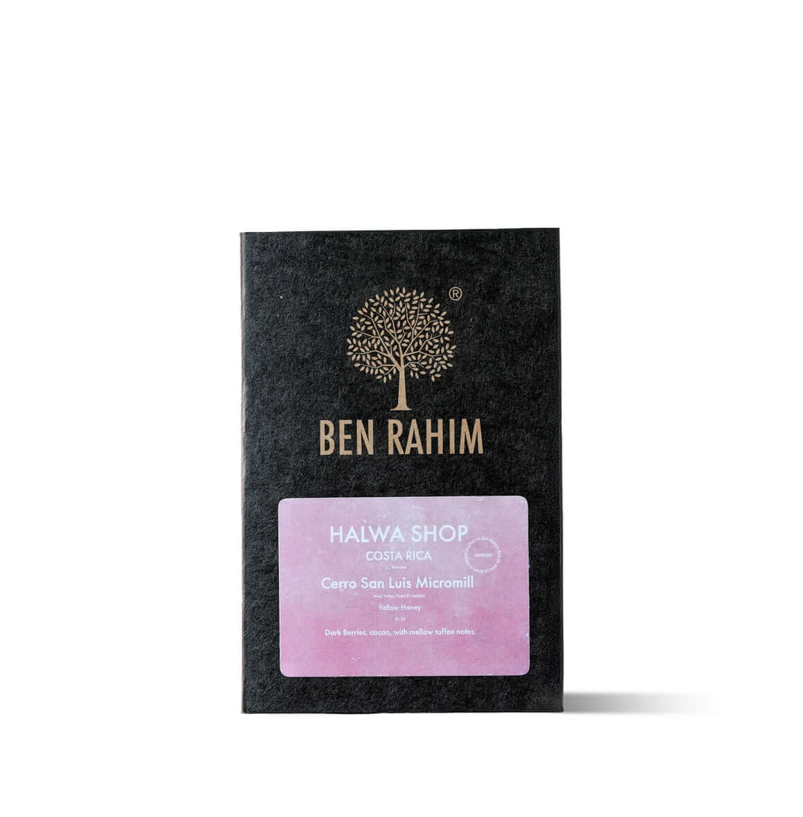 Ben Rahim Halwa Shop Blend coffee bag with elegant pink label, representing a sweet and bold espresso profile.