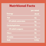 Nutritional facts for Hibiscus & Peach Superfood Infusion: 4kcal, 0g fat, carbs, sugar, fiber, and protein, 0.05g salt per 100ml.