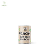 Organic Japanese Hojicha roasted matcha canister showcasing 100% roasted green tea powder from Kyoto, Japan.