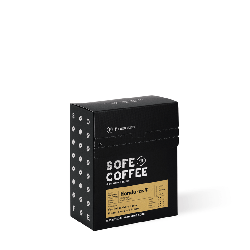 Premium Sofe Drip Bag Coffee Honduras G1 box with flavors of vanilla, honey, chocolate, and whiskey tones, 5 single-serve bags