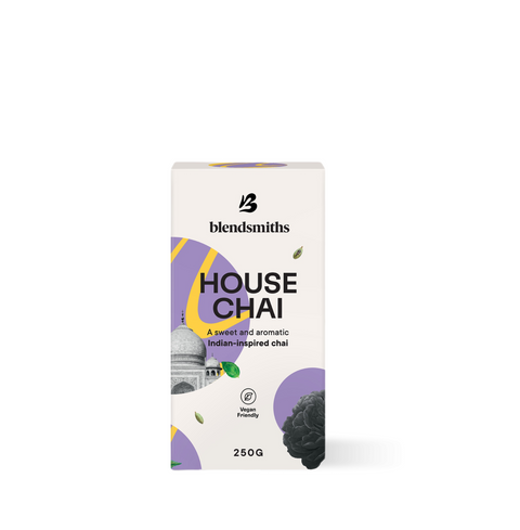 House Chai Blend packaging with aromatic Indian-inspired spices, vegan-friendly, 250g.