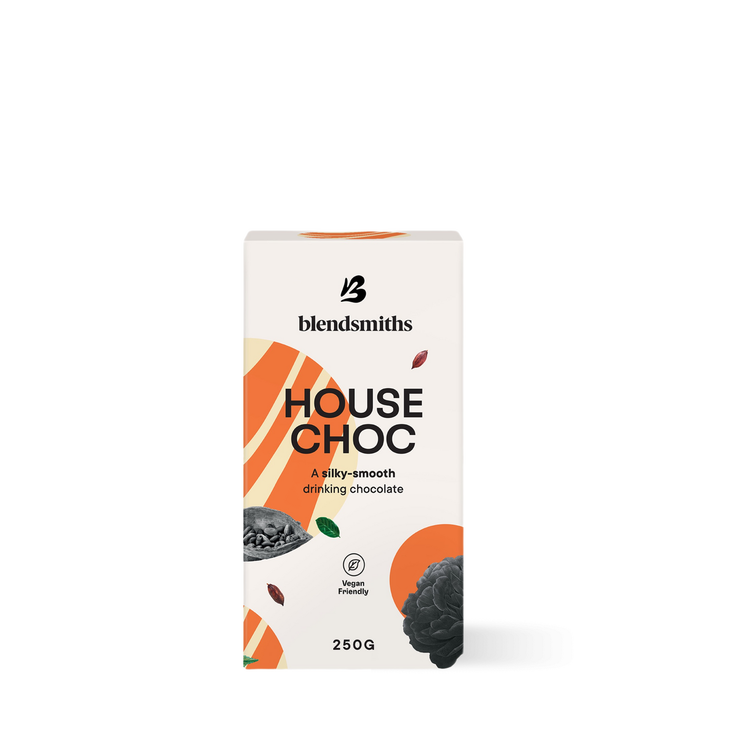 House Choc Blend silky-smooth drinking chocolate packaging, 250g box with Ivory Coast cocoa, vegan-friendly, rich and velvety texture