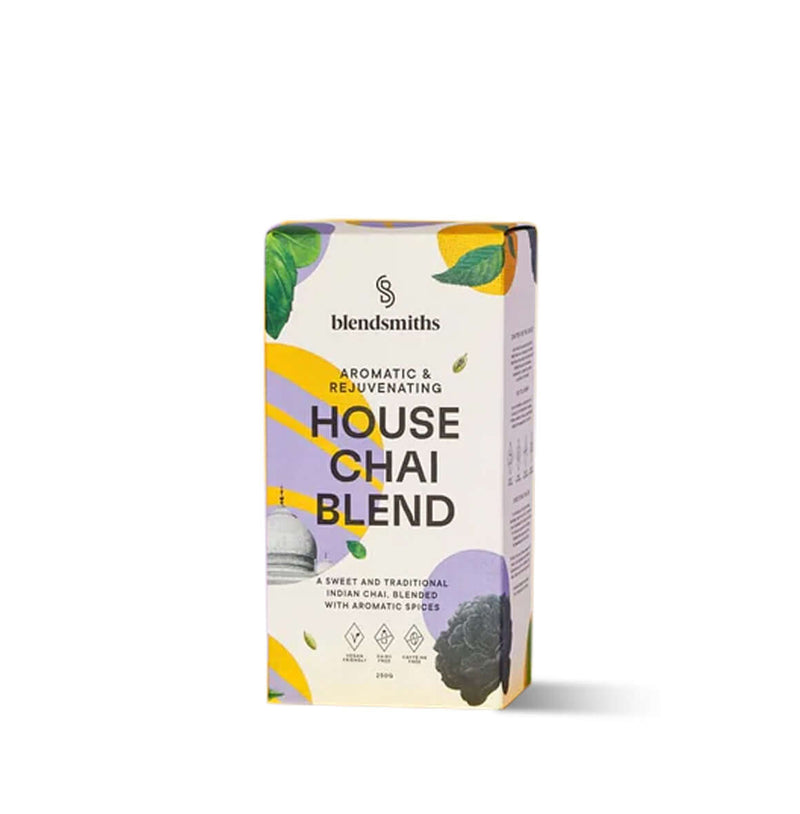 Blendsmiths House Chai Blend packaging featuring a modern design with botanical elements, a dome illustration, and text highlighting its aromatic and rejuvenating qualities.