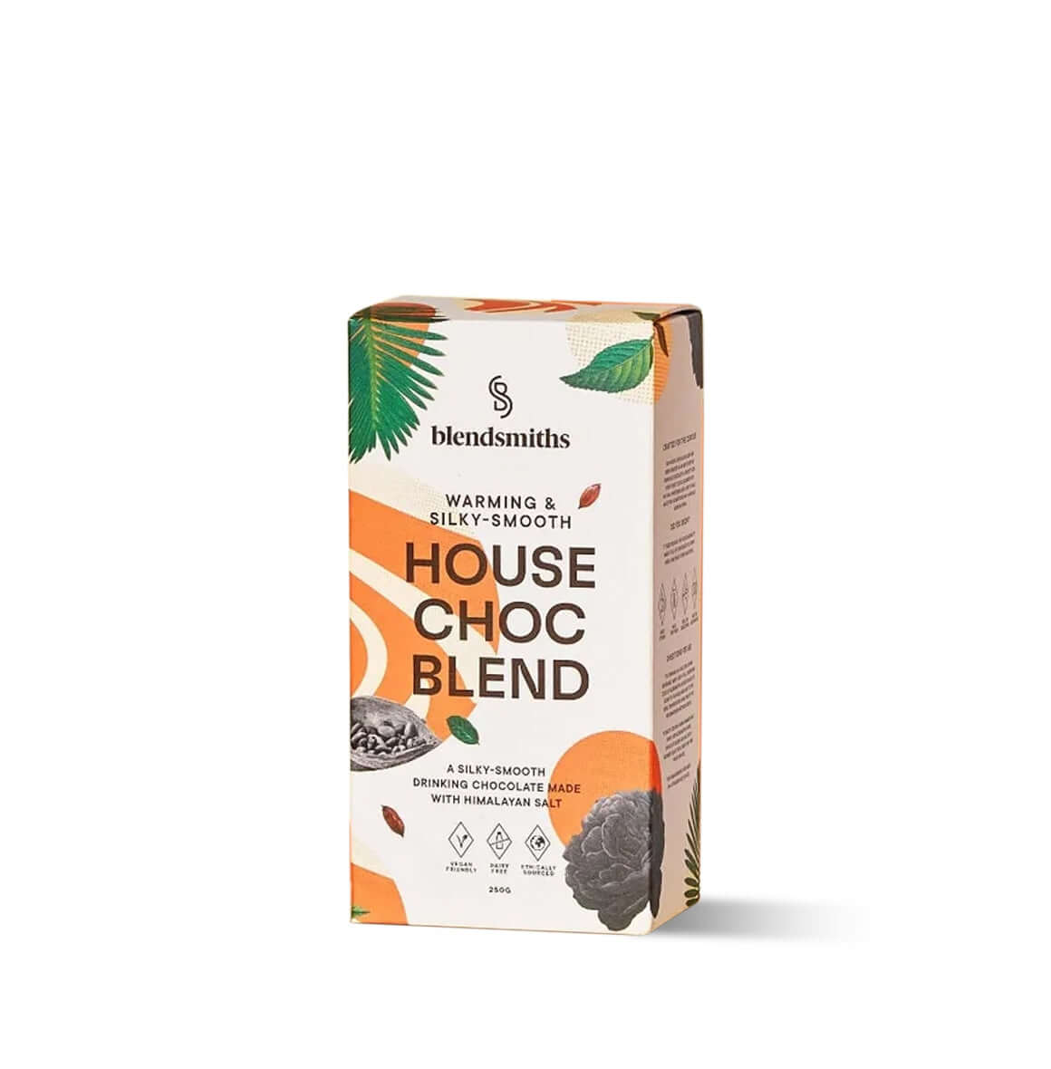 Blendsmiths House Choc Blend packaging, featuring a warm and silky-smooth drinking chocolate made with Himalayan salt. The box has a modern design with earthy tones, abstract patterns, and botanical elements.