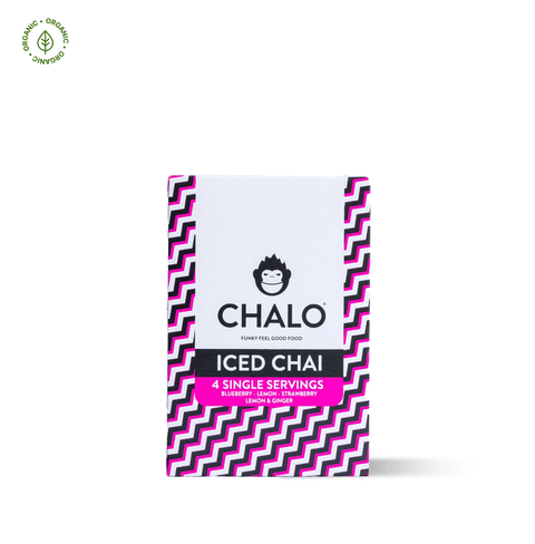 Chalo Iced Chai Discovery Box, featuring 4 fruity iced chai blends, made with natural ingredients and unrefined jaggery.