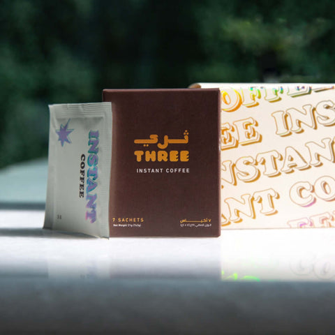 Instant Coffee by Three Coffee in sleek box of 7 sachets, freeze-dried blend with Timor-Leste and Ethiopia origins, crafted for café-quality brews without gear or effort.