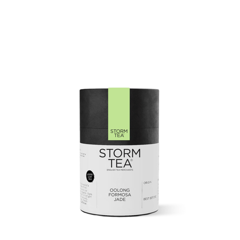 Container of Jade Formosa Oolong Tea from Storm Tea, featuring a premium semi-fermented tea from Nantou County, Taiwan.