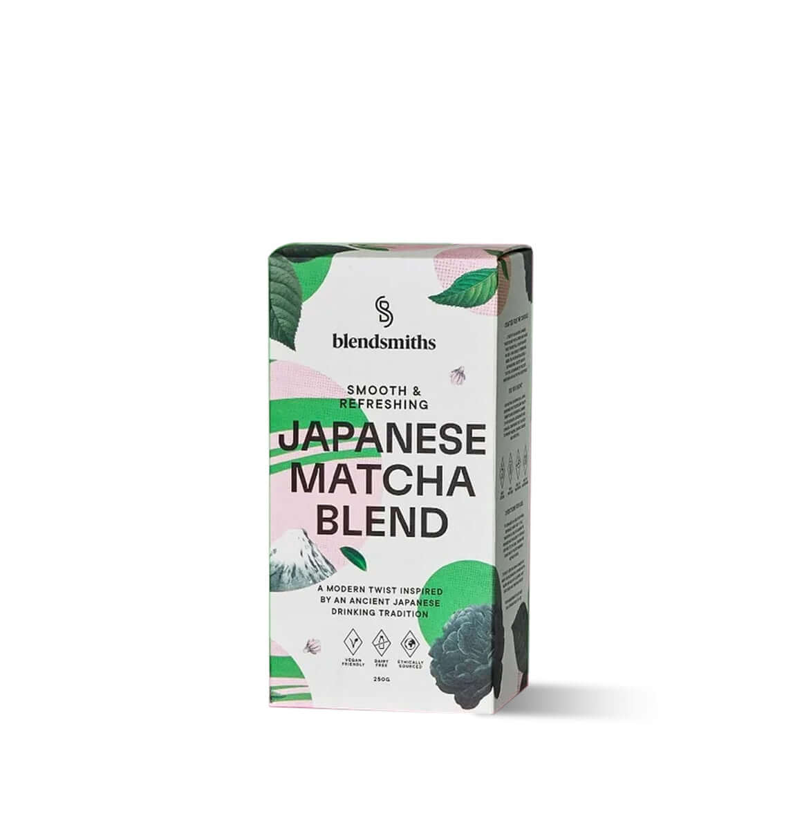 Blendsmiths Japanese Matcha Blend packaging, featuring a smooth and refreshing premium matcha drink inspired by ancient Japanese traditions. The 250g box showcases a modern design with pastel pink and green tones.
