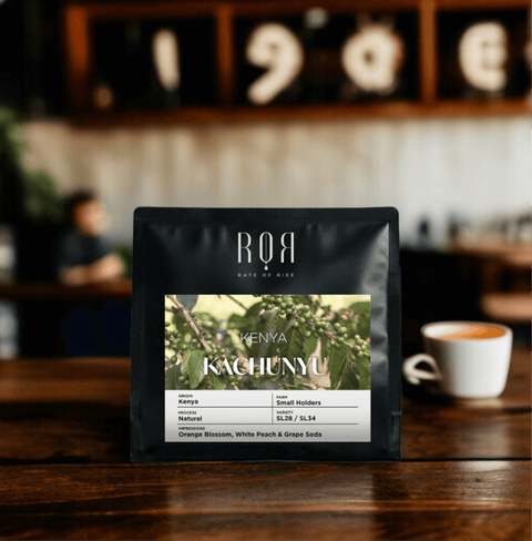 Kenya Kachunyu coffee bag on a cafe table, showcasing its vibrant and complex East African flavors.
