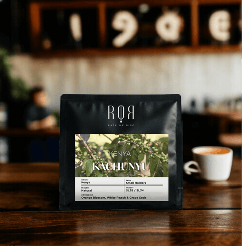 Kenya Kachunyu coffee bag on a cafe table, showcasing its vibrant and complex East African flavors.