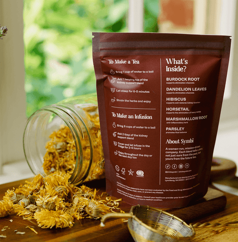 Kidney Support Tea with dandelion leaves, marshmallow root, hibiscus, burdock root, horsetail, and parsley—designed to support elimination channels and maintain fluid balance for overall kidney health.