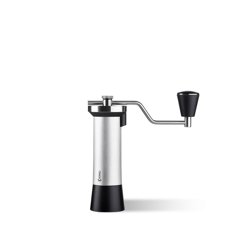 Professional coffee grinder with 47mm Black-Fusion conical burrs, smooth ball-bearing mechanism, stainless steel catch-cup, magnetic funnel, and EVA travel case for on-the-go brewing.