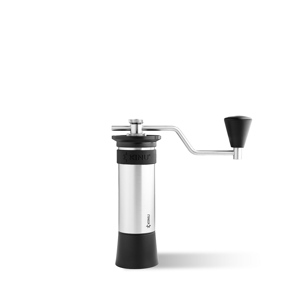 Kinu manual coffee grinder with 47mm Black-Fusion conical burrs, smooth ball-bearing mechanism, and EVA travel case, engineered for speed, precision, and portability.