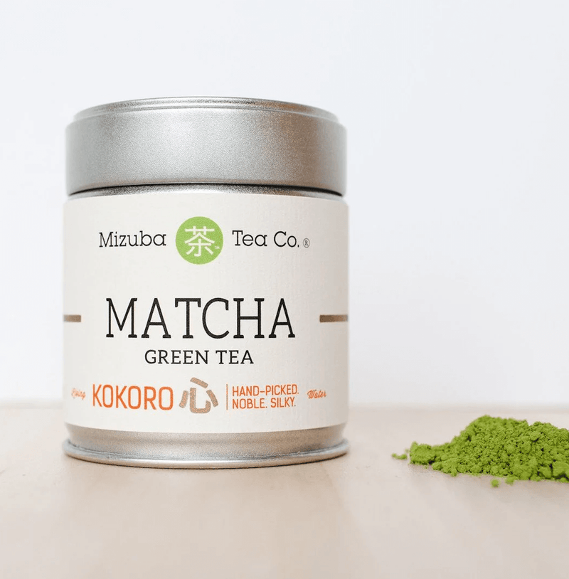 Kokoro Ceremonial Matcha 40g by Mizuba Tea Company in a tin, made from first flush leaves of ancient tea plants in Japan, featuring Samidori, Asahi, and Gokou cultivars for deep flavor.