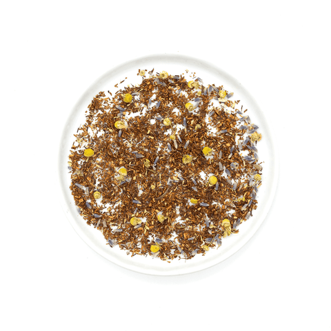 Herbal tea blend with American Lavender, Egyptian Chamomile, and Rooibos from South Africa, offering a floral, sweet, and comforting flavor.