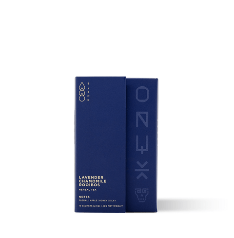 Herbal tea blend with American Lavender, Egyptian Chamomile, and Rooibos from South Africa, offering a floral, sweet, and comforting flavor.