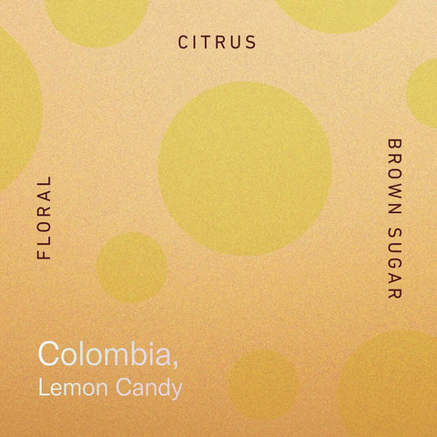 Colombia Lemon Candy Geisha with citrus, floral, and brown sugar notes on a textured background.