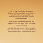 Colombia Lemon Candy Geisha processing steps in text format, highlighting co-ferment process with fruit and coffee cherries.