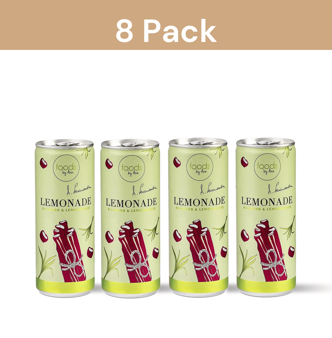 FOODS BY ANN Rhubarb & Lemongrass Lemonade in a can, refreshing summer drink with natural ingredients, perfect for hot weather hydration.