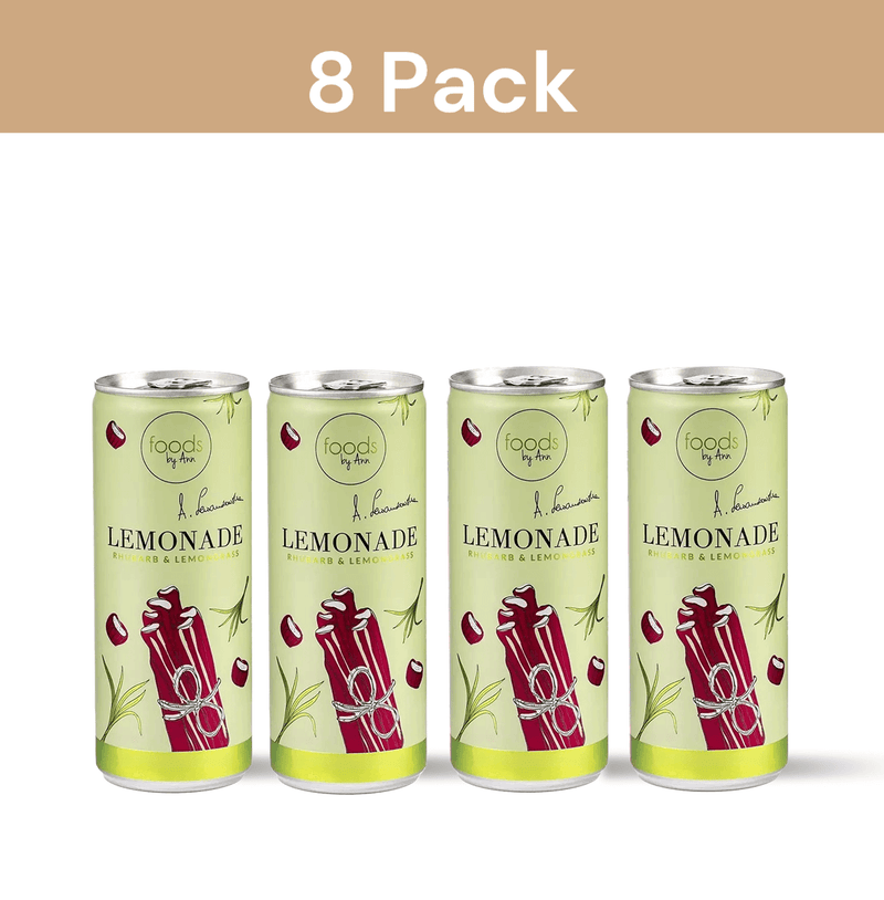 FOODS BY ANN Rhubarb & Lemongrass Lemonade in a can, refreshing summer drink with natural ingredients, perfect for hot weather hydration.